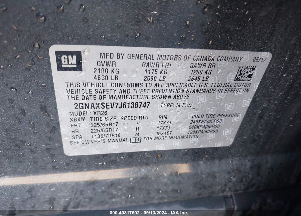 2018 CHEVROLET EQUINOX LT VIN: 2GNAXSEV7J6138747