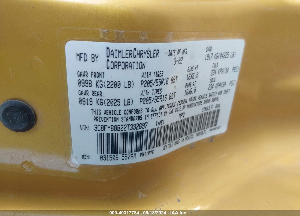 2002 CHRYSLER PT CRUISER LIMITED VIN: 3C8FY68B22T332697