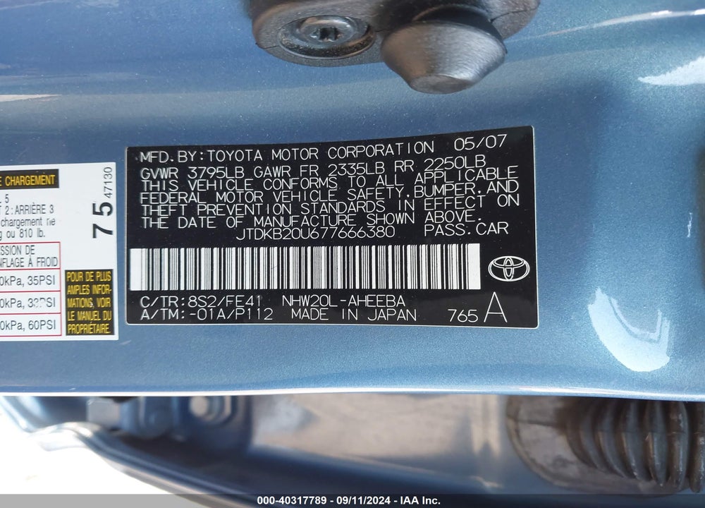 2007 TOYOTA PRIUS VIN: JTDKB20U677666380