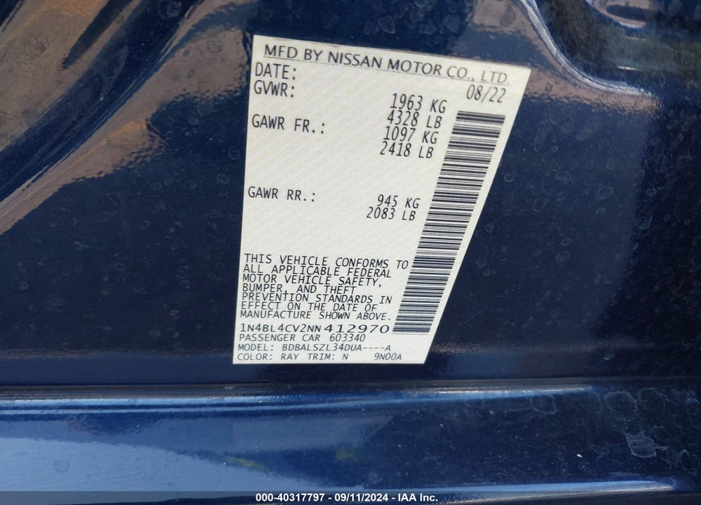 2022 NISSAN ALTIMA SR FWD VIN: 1N4BL4CV2NN412970