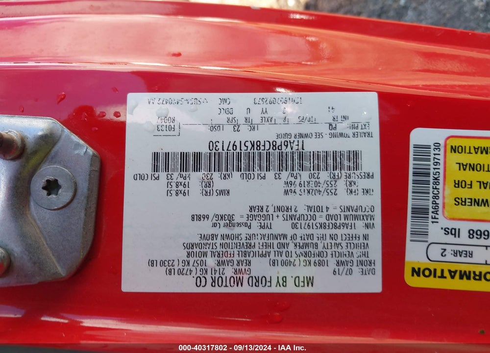 2019 FORD MUSTANG GT PREMIUM VIN: 1FA6P8CF8K5197130