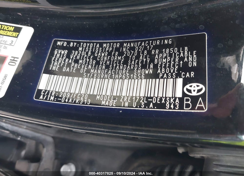 2017 TOYOTA COROLLA SE VIN: 5YFBURHE1HP651656