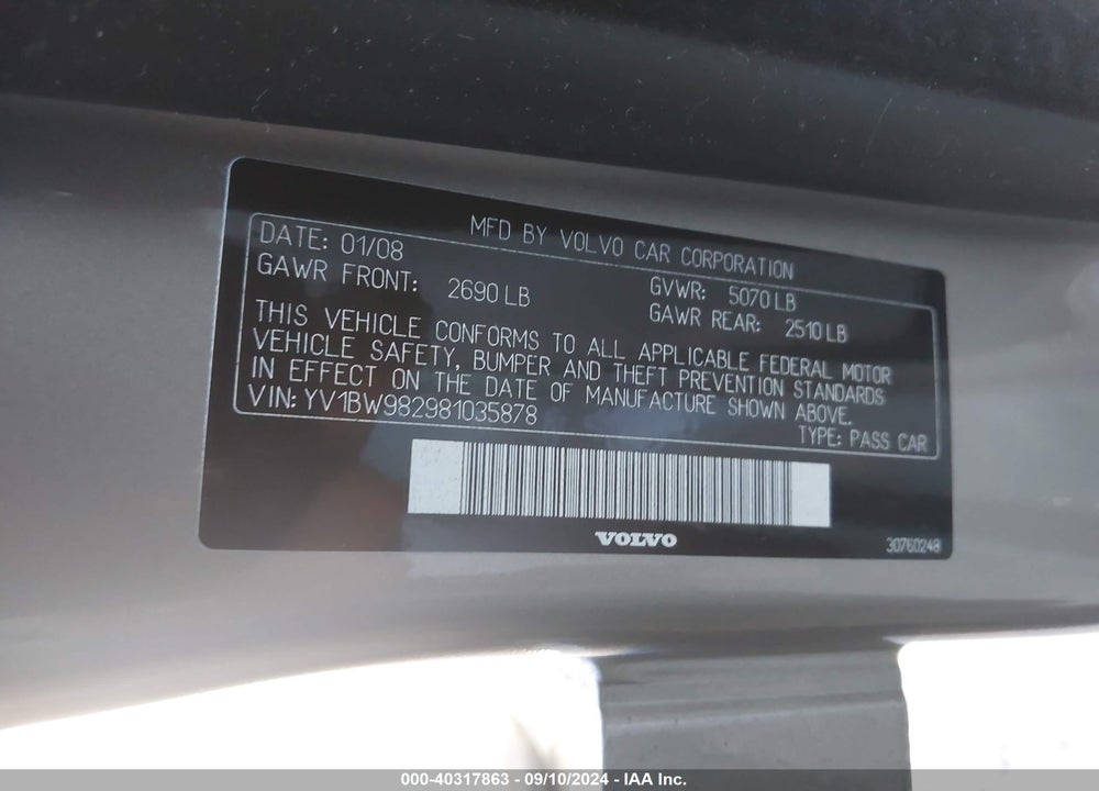 2008 VOLVO V70 3.2 VIN: YV1BW982981035878