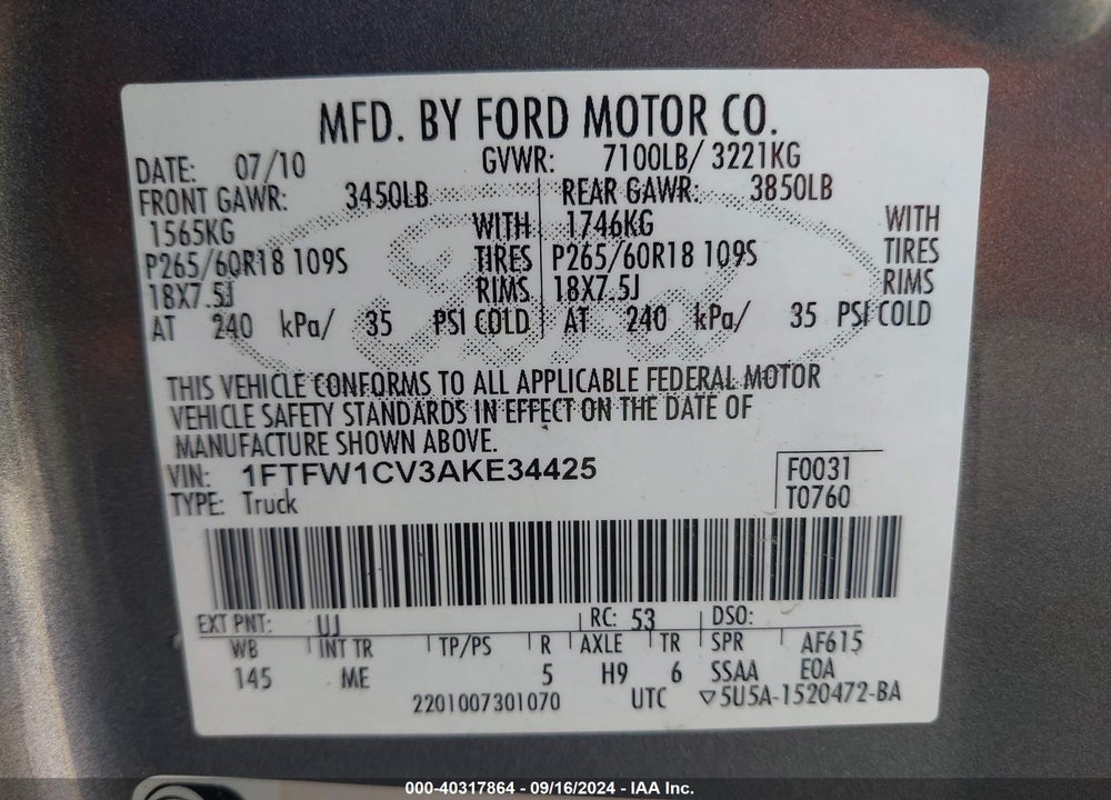 2010 HARLEY-DAVIDSON FORD F-150 FX2 SPORT//KING RANCH/LARIAT/PLATINUM/XL/XLT VIN: 1FTFW1CV3AKE34425