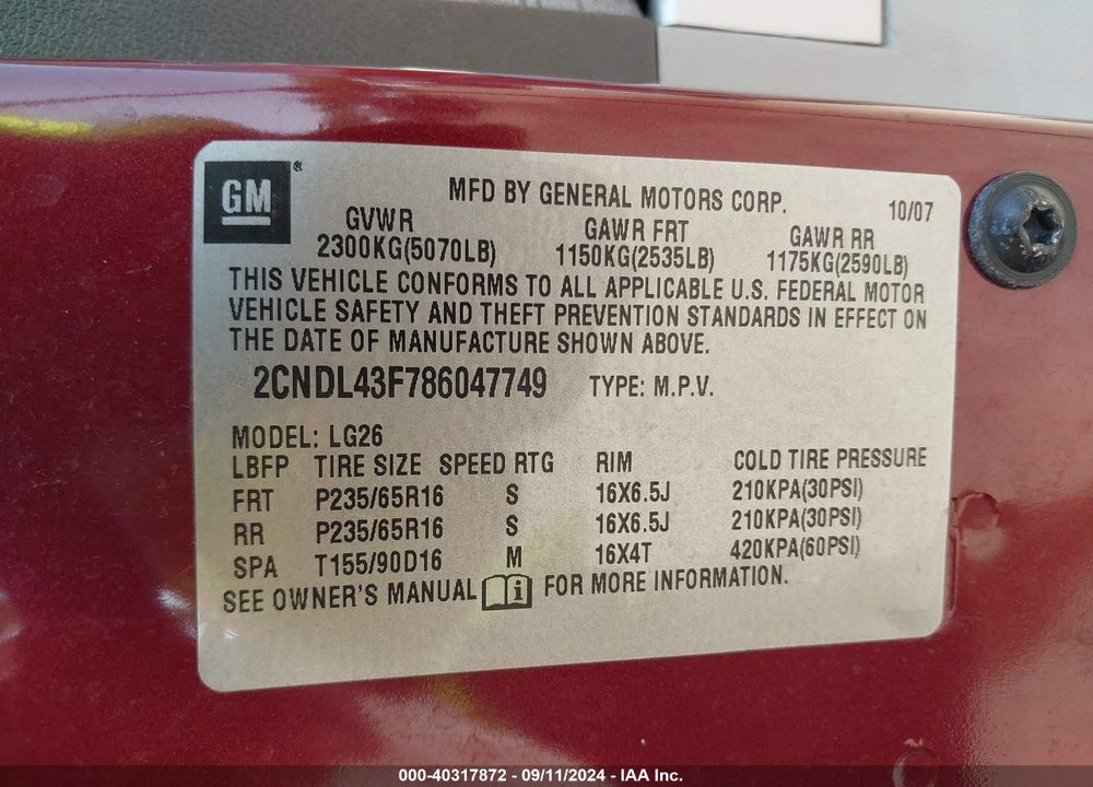 2008 CHEVROLET EQUINOX LT VIN: 2CNDL43F786047749