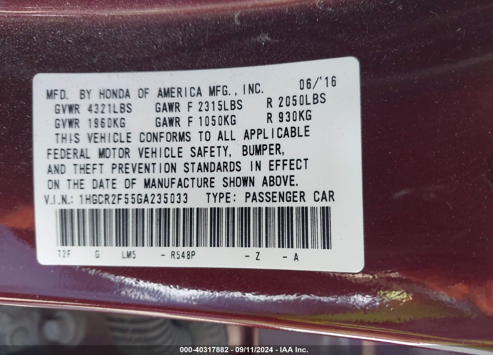 2016 HONDA ACCORD SPORT VIN: 1HGCR2F55GA235033