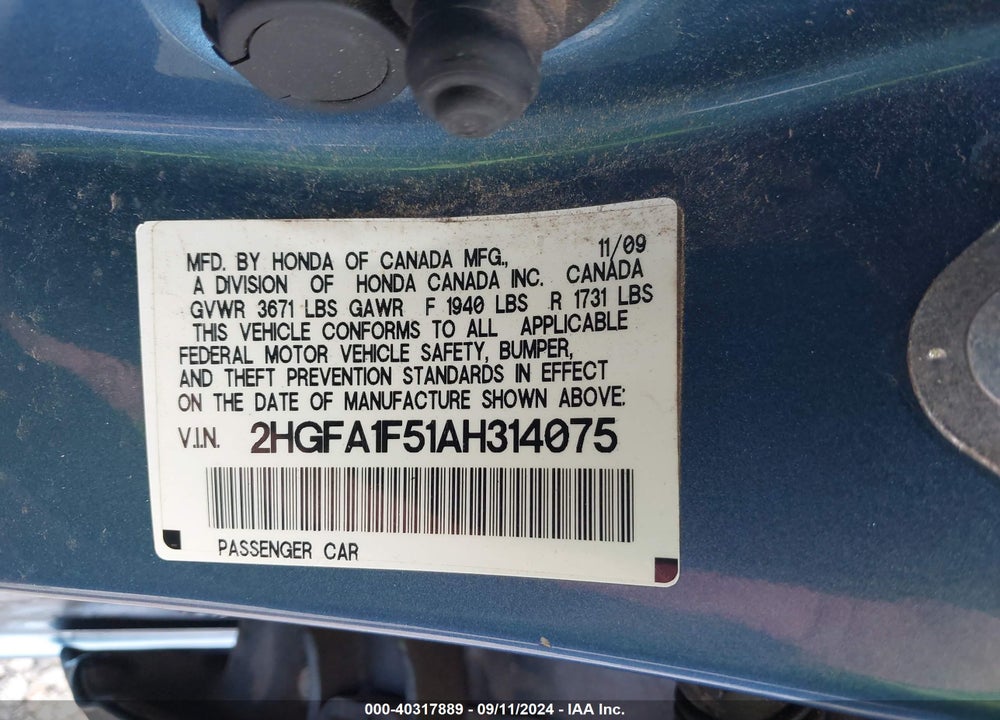 2010 HONDA CIVIC LX VIN: 2HGFA1F51AH314075