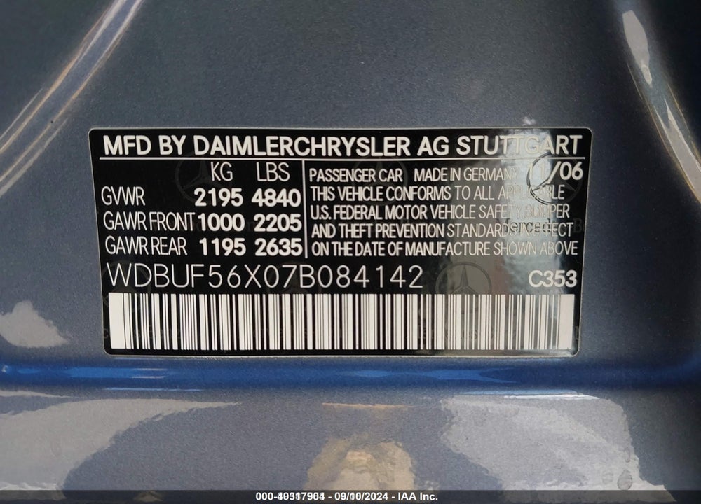 2007 MERCEDES-BENZ E 350 VIN: WDBUF56X07B084142