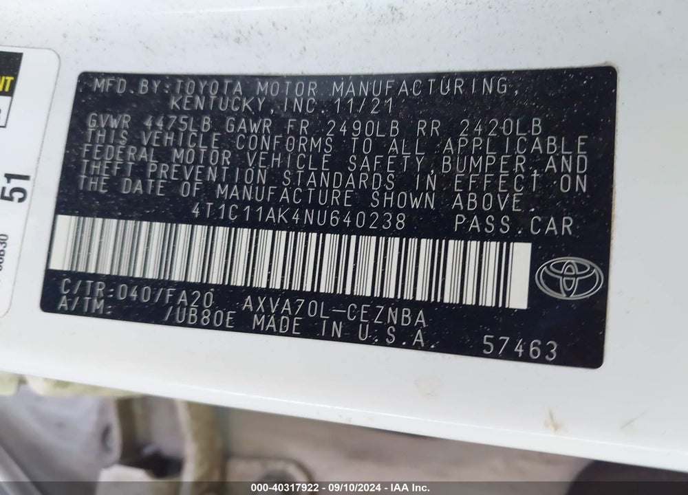 2022 TOYOTA CAMRY LE VIN: 4T1C11AK4NU640238