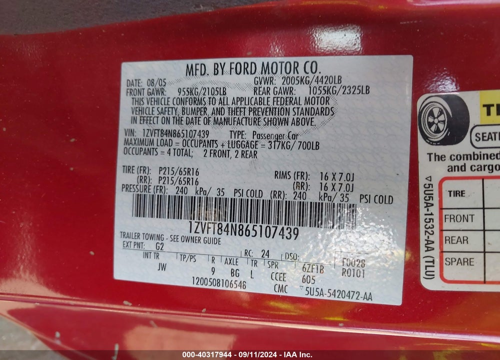 2006 FORD MUSTANG V6 VIN: 1ZVFT84N865107439