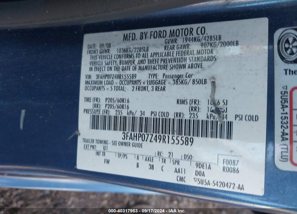 2009 FORD FUSION SE VIN: 3FAHP07Z49R155589