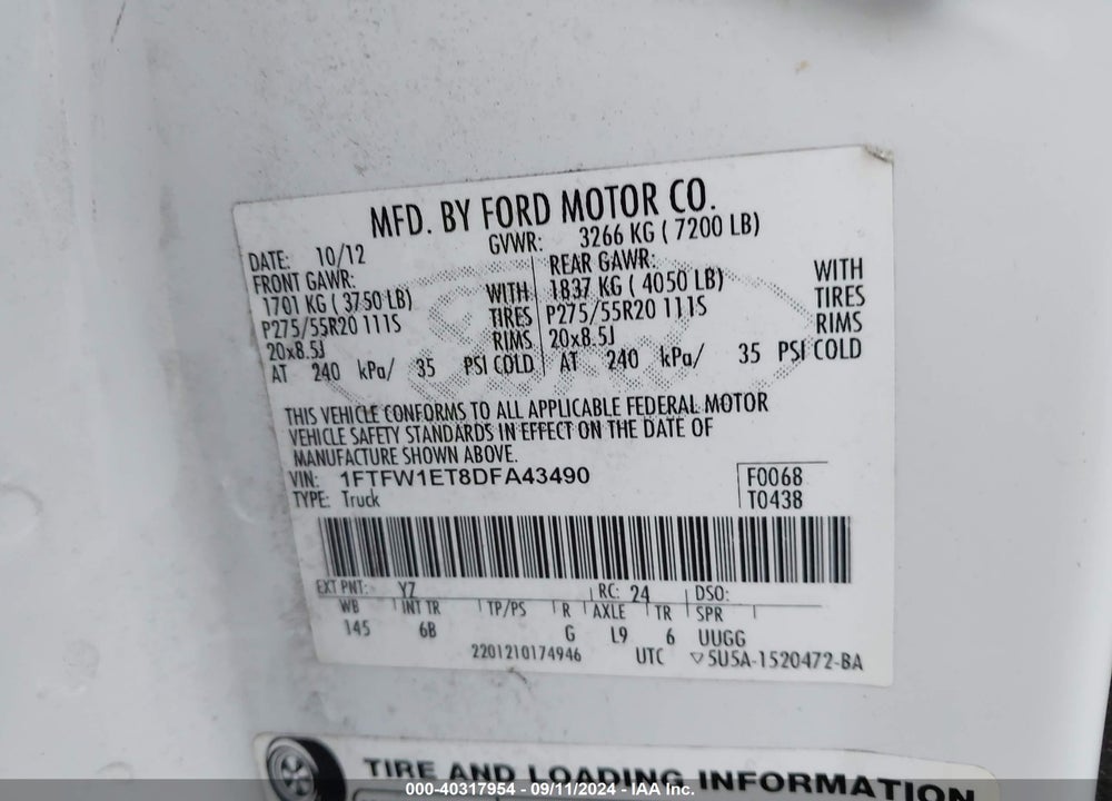 2013 FORD F-150 FX4 VIN: 1FTFW1ET8DFA43490