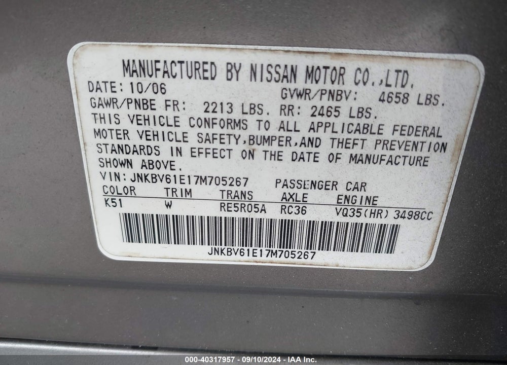2007 INFINITI G35 JOURNEY VIN: JNKBV61E17M705267
