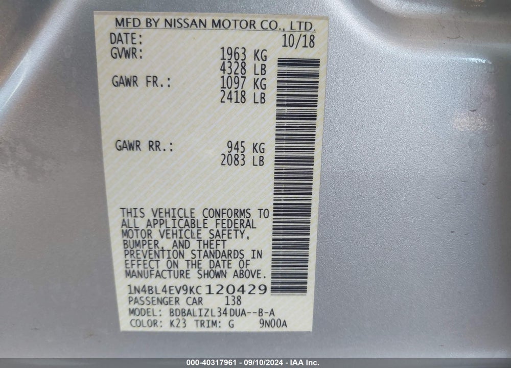 2019 NISSAN ALTIMA 2.5 SL VIN: 1N4BL4EV9KC120429