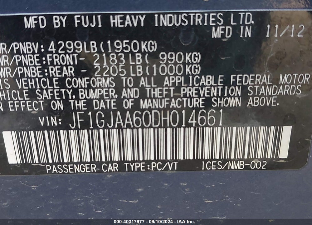 2013 SUBARU IMPREZA 2.0I VIN: JF1GJAA60DH014661