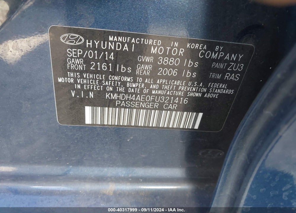 2015 HYUNDAI ELANTRA SE VIN: KMHDH4AE0FU321416