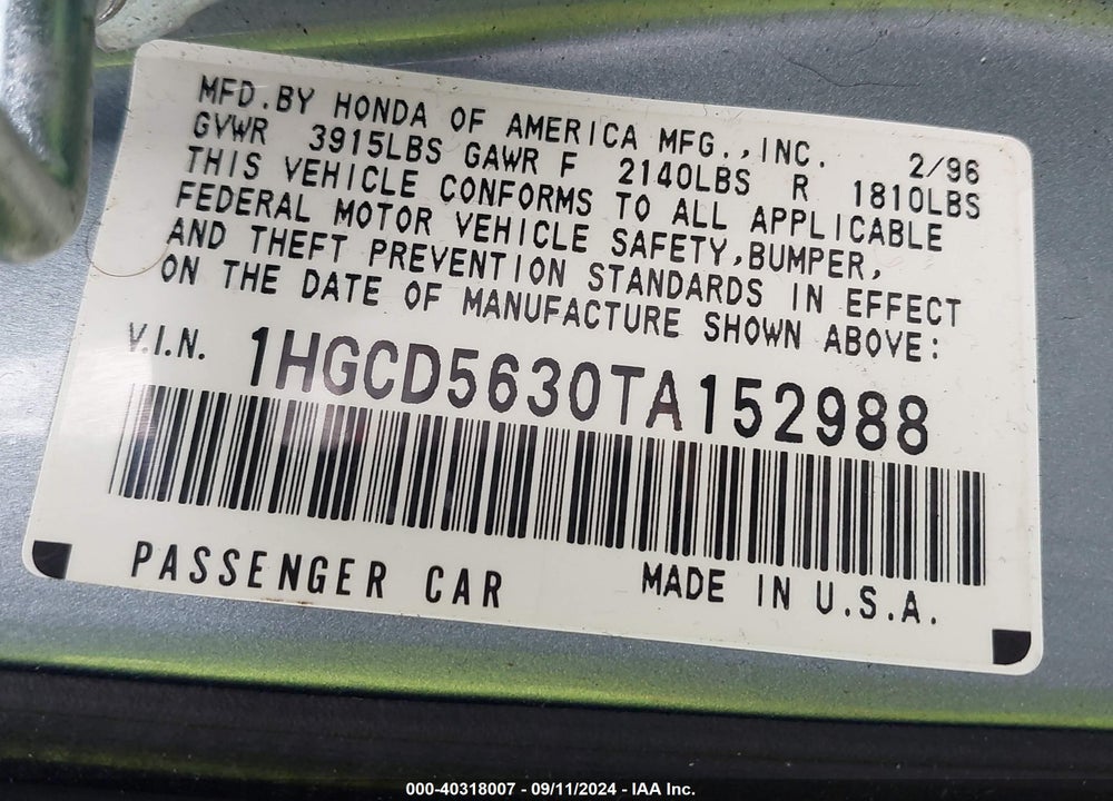 1996 HONDA ACCORD LX/EX VIN: 1HGCD5630TA152988