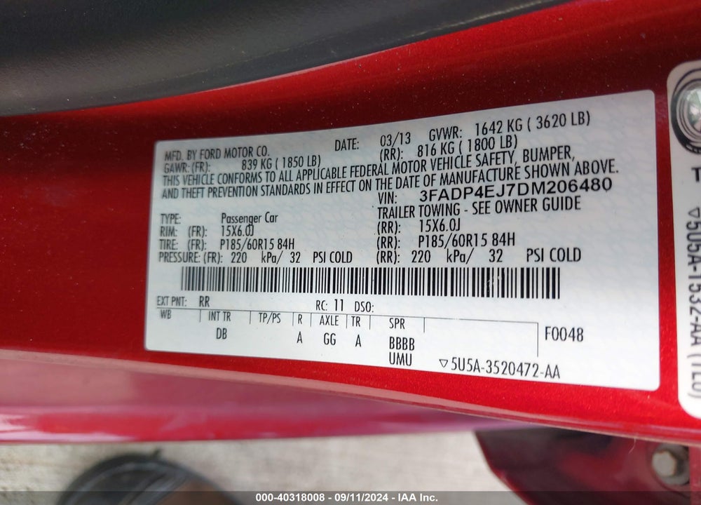 2013 FORD FIESTA SE VIN: 3FADP4EJ7DM206480