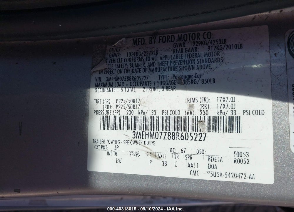 2008 MERCURY MILAN I4 VIN: 3MEHM07Z88R605227
