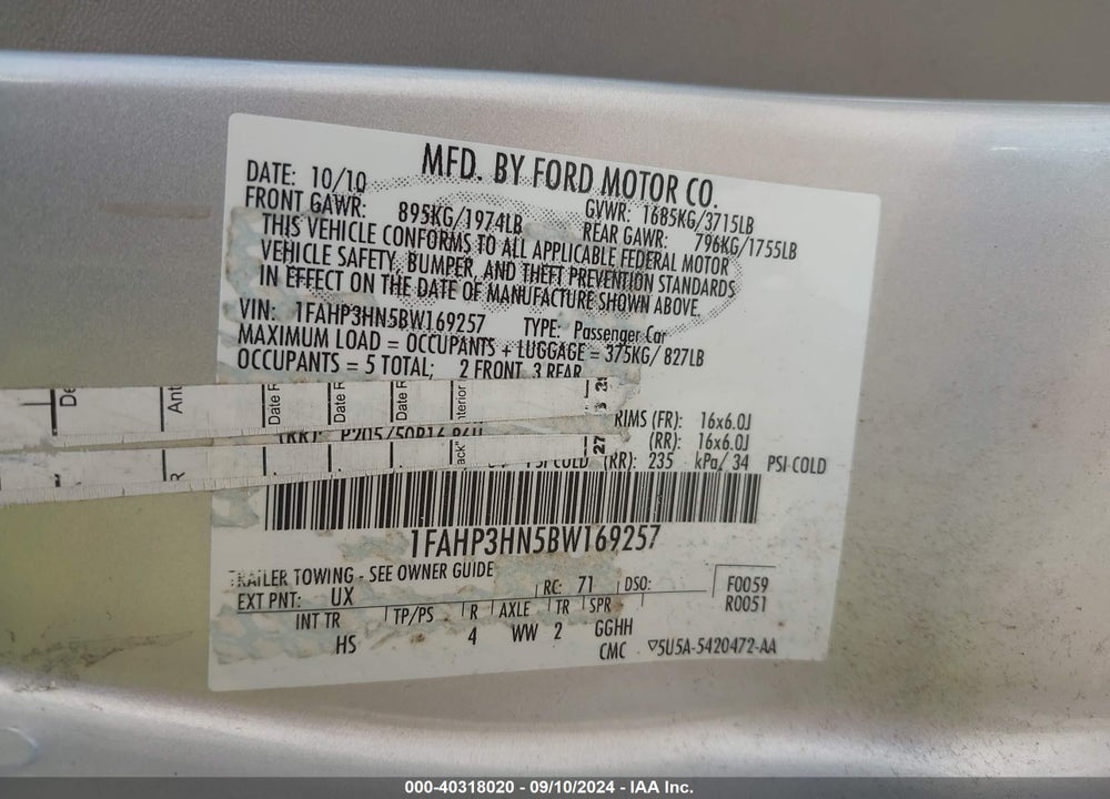 2011 FORD FOCUS SEL VIN: 1FAHP3HN5BW169257