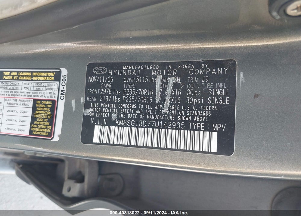 2007 HYUNDAI SANTA FE GLS VIN: KM8SG13D77U142935