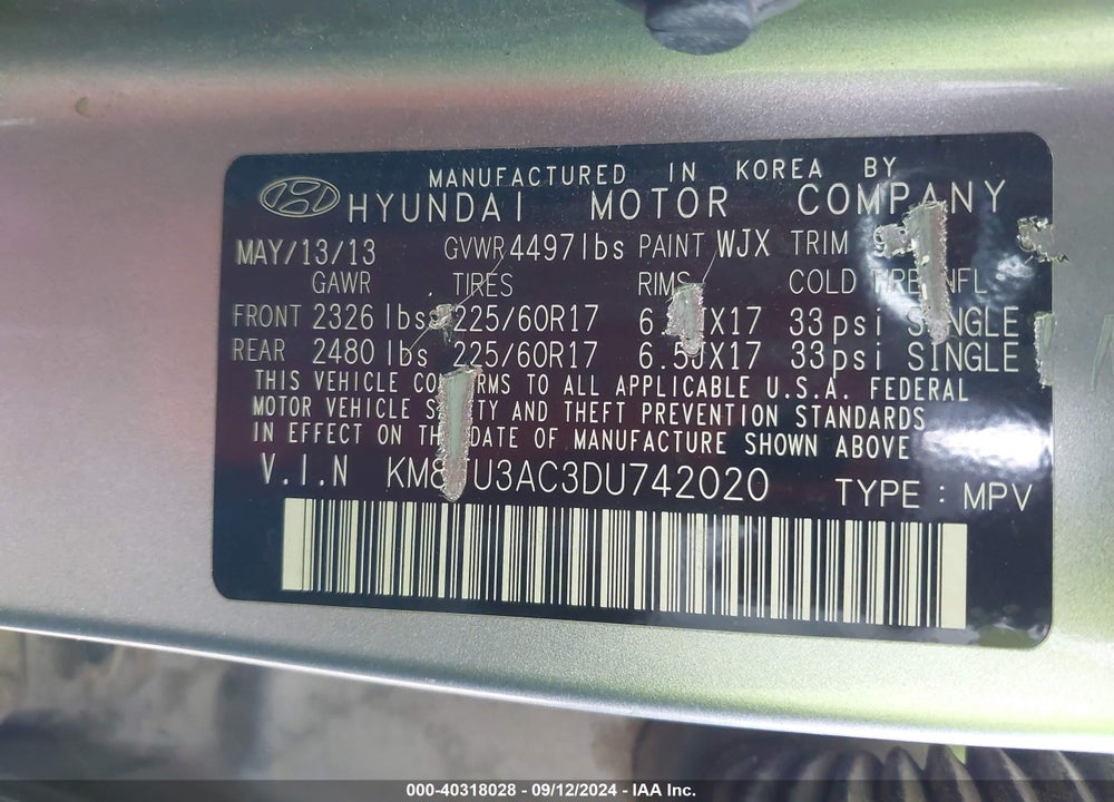 2013 HYUNDAI TUCSON GLS VIN: KM8JU3AC3DU742020
