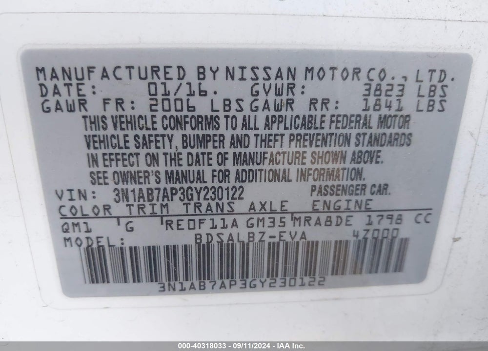 2016 NISSAN SENTRA S VIN: 3N1AB7AP3GY230122