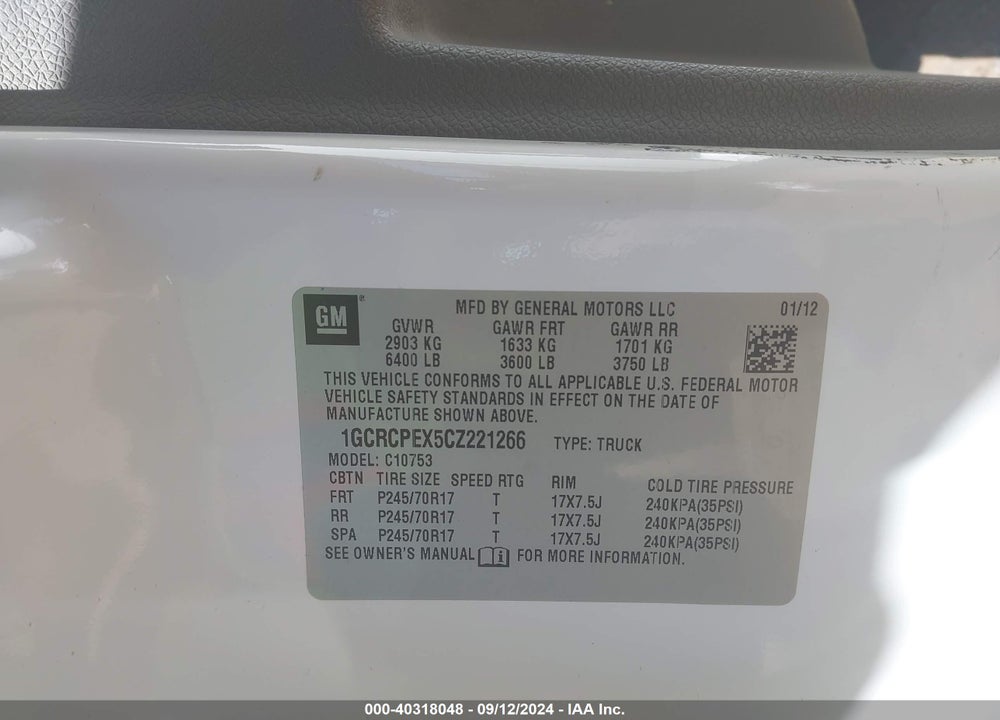 2012 CHEVROLET SILVERADO 1500 WORK TRUCK VIN: 1GCRCPEX5CZ221266