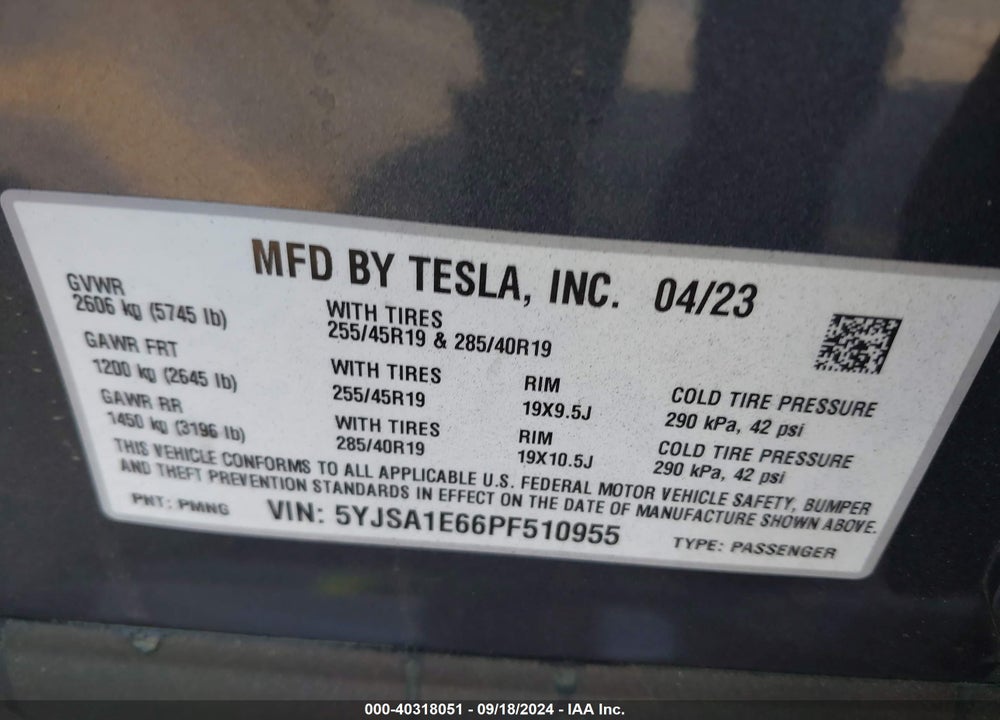 2023 TESLA MODEL S PLAID TRI MOTOR ALL-WHEEL DRIVE VIN: 5YJSA1E66PF510955