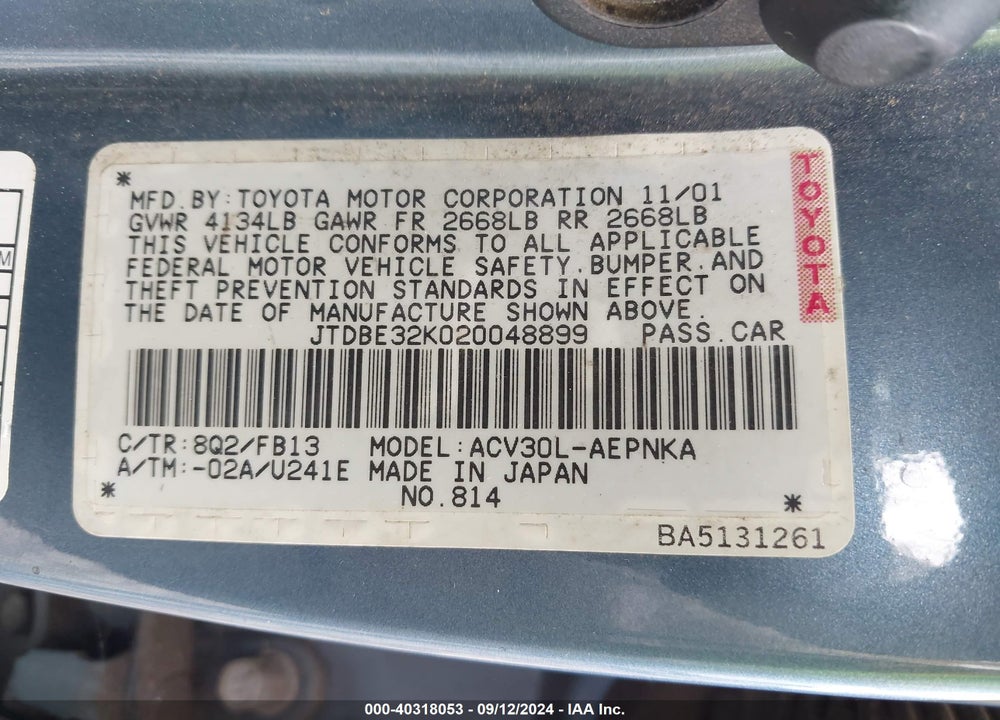 2002 TOYOTA CAMRY LE VIN: JTDBE32K020048899