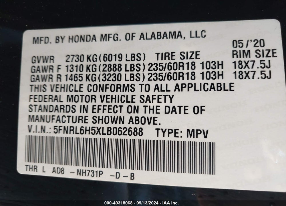 2020 HONDA ODYSSEY EX VIN: 5FNRL6H5XLB062688