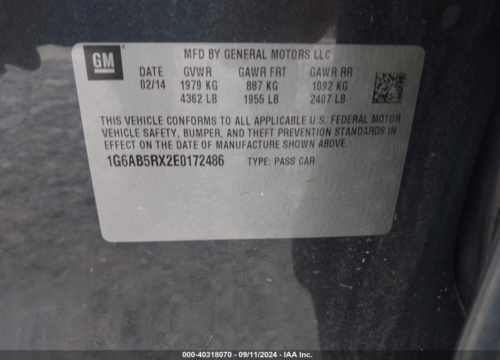 2014 CADILLAC ATS LUXURY VIN: 1G6AB5RX2E0172486