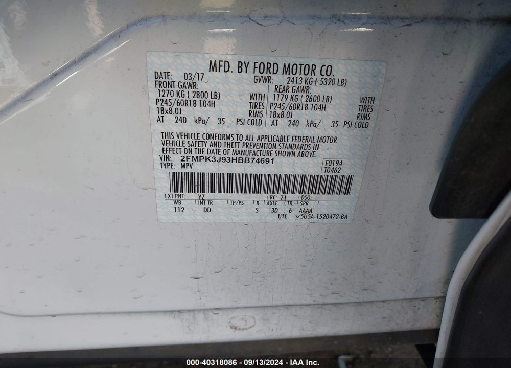 2017 FORD EDGE SEL VIN: 2FMPK3J93HBB74691