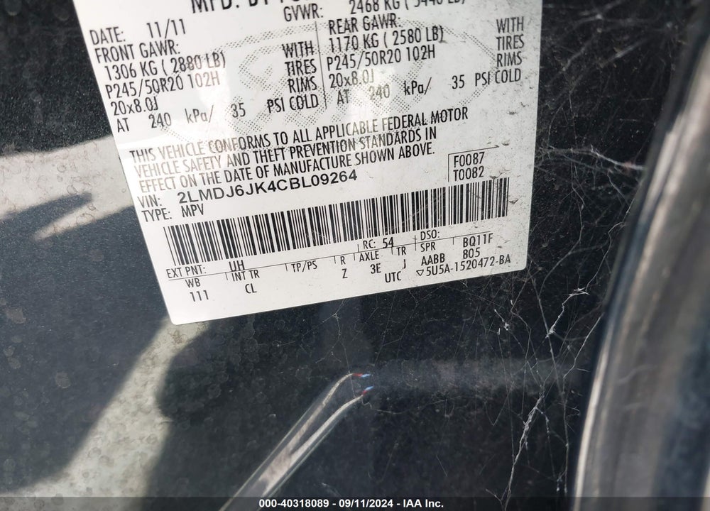 2012 LINCOLN MKX VIN: 2LMDJ6JK4CBL09264