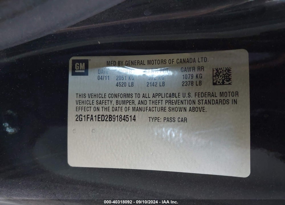 2011 CHEVROLET CAMARO 2LS VIN: 2G1FA1ED2B9184514