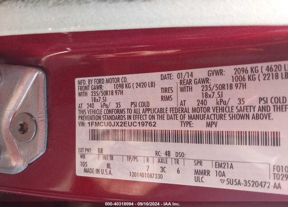 2014 FORD ESCAPE TITANIUM VIN: 1FMCU0JX2EUC19762