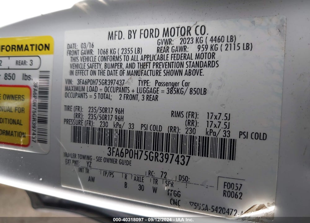 2016 FORD FUSION SE VIN: 3FA6P0H75GR397437
