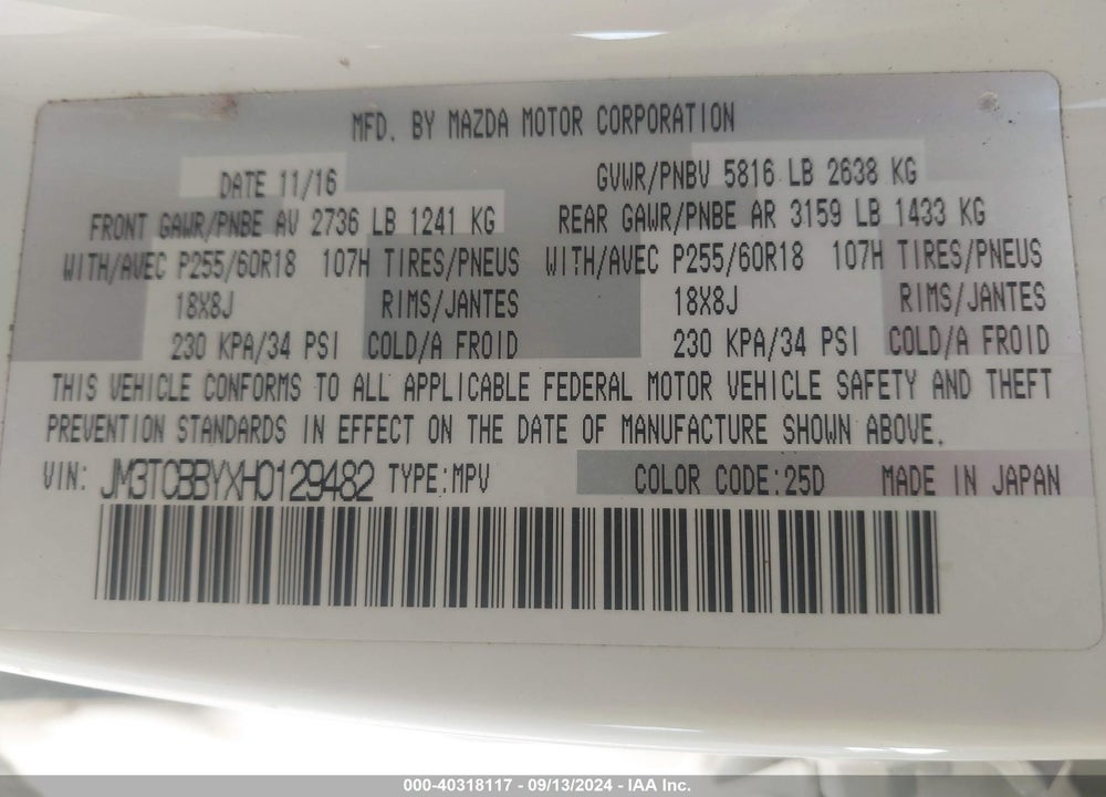2017 MAZDA CX-9 VIN: JM3TCBBYXH0129482