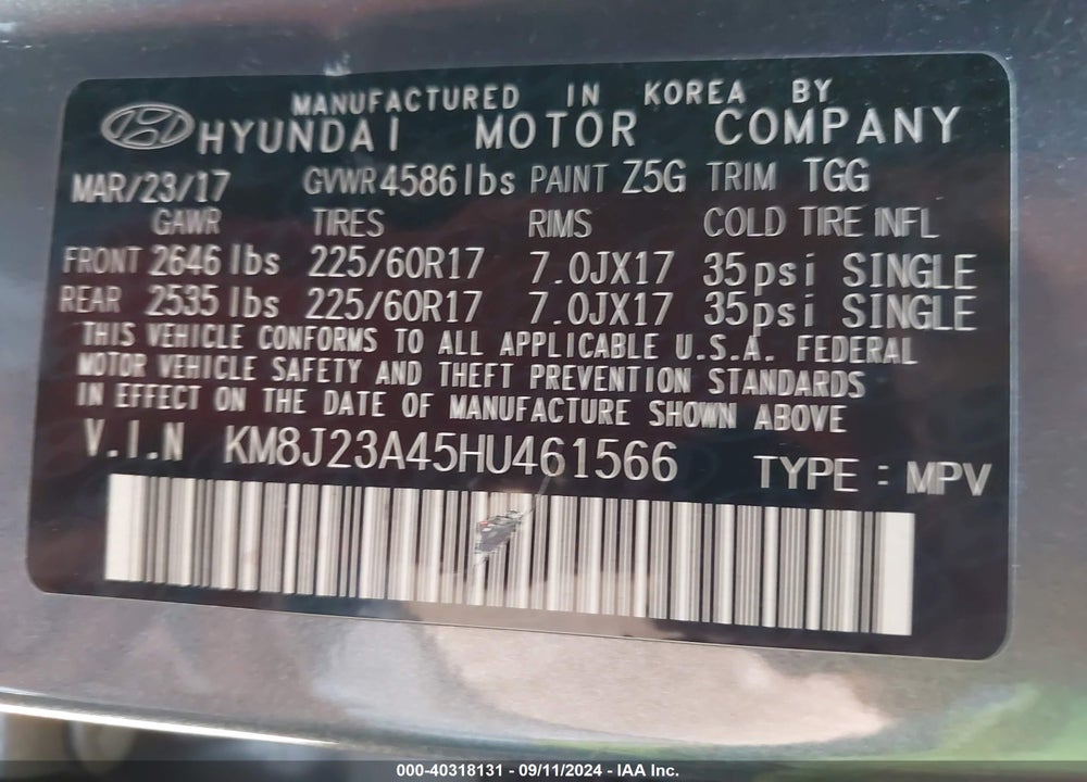 2017 HYUNDAI TUCSON SE VIN: KM8J23A45HU461566