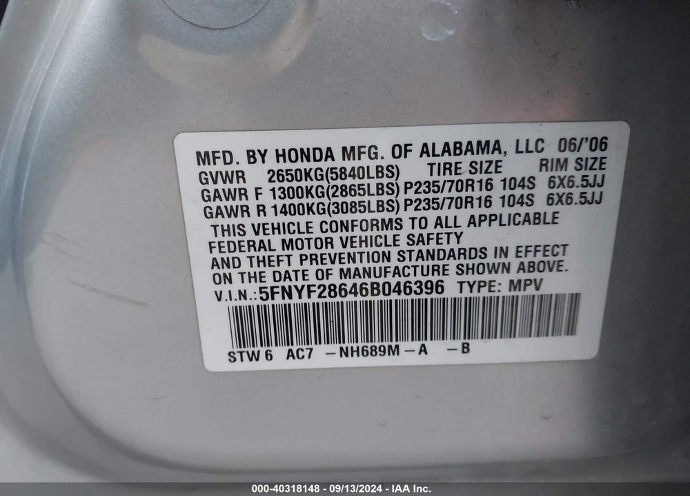 2006 HONDA PILOT EX-L VIN: 5FNYF28646B046396