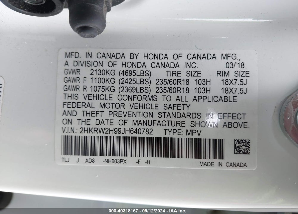 2018 HONDA CR-V TOURING VIN: 2HKRW2H99JH640782