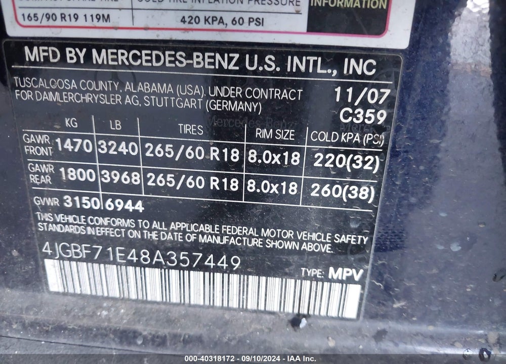 2008 MERCEDES-BENZ GL 450 4MATIC VIN: 4JGBF71E48A357449