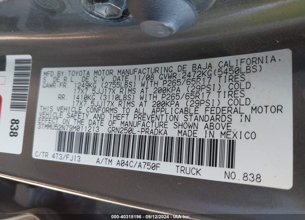 2009 TOYOTA TACOMA BASE V6 VIN: 3TMMU52N79M011213
