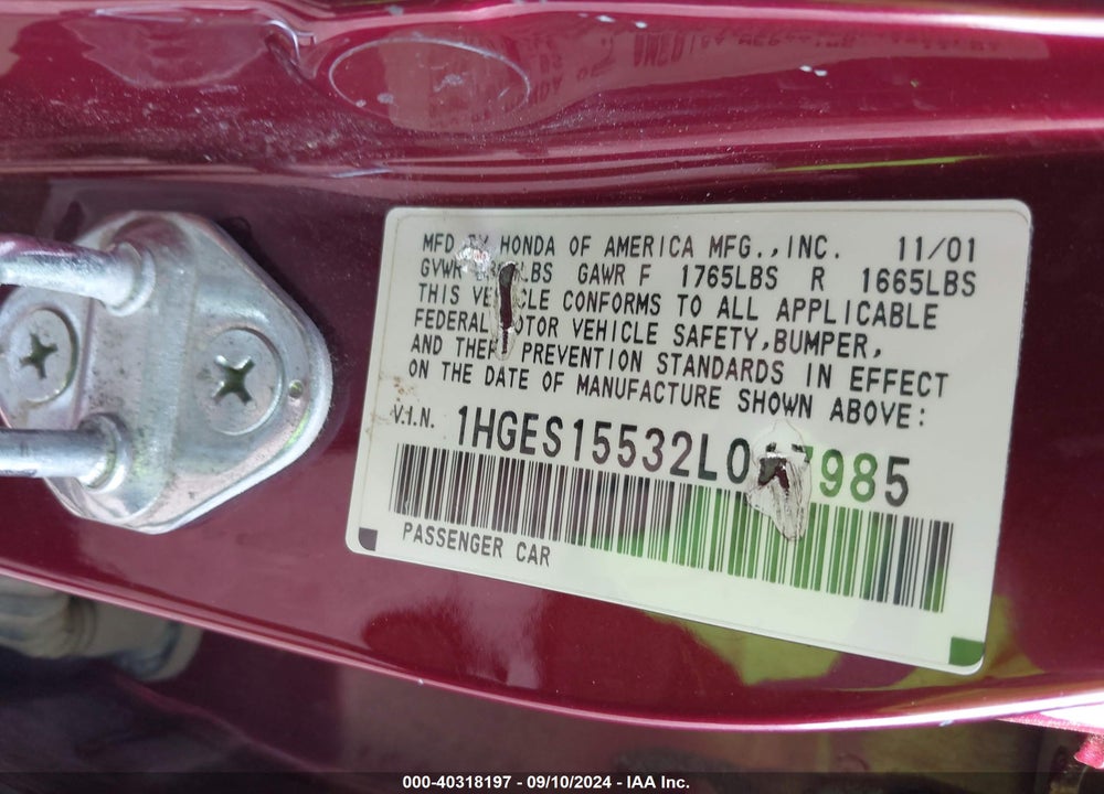 2002 HONDA CIVIC LX VIN: 1HGES15532L017985
