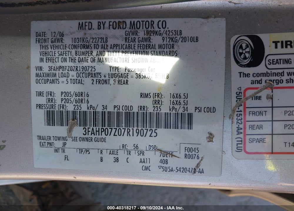 2007 FORD FUSION SE VIN: 3FAHP07Z07R190725