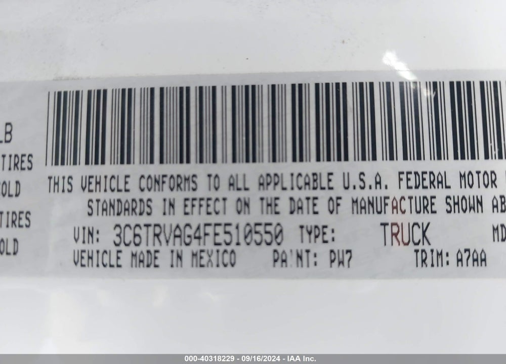 2015 RAM PROMASTER 1500 LOW ROOF VIN: 3C6TRVAG4FE510550