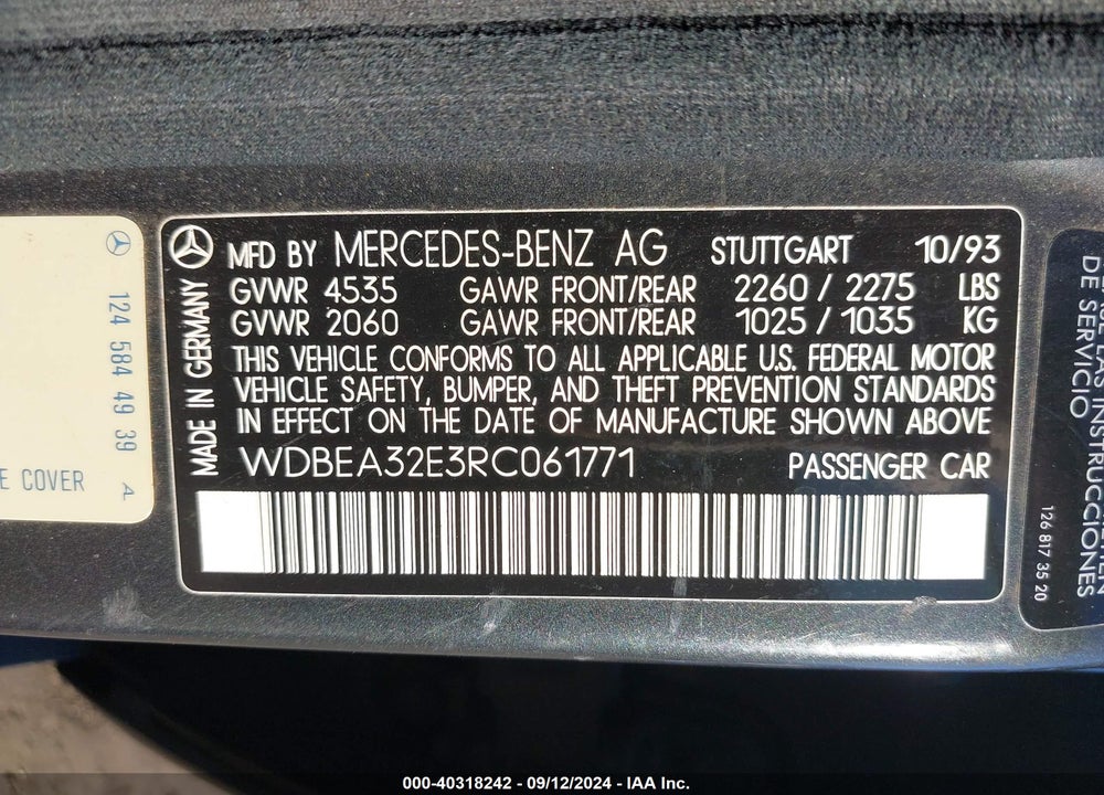 1994 MERCEDES-BENZ E 320 VIN: WDBEA32E3RC061771