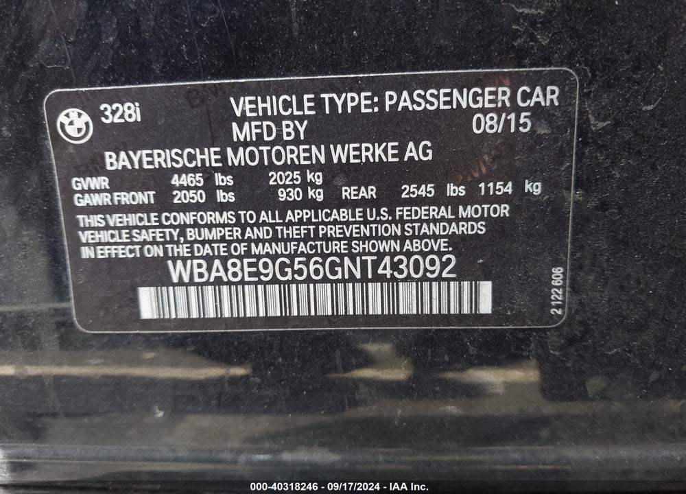 2016 BMW 328I VIN: WBA8E9G56GNT43092