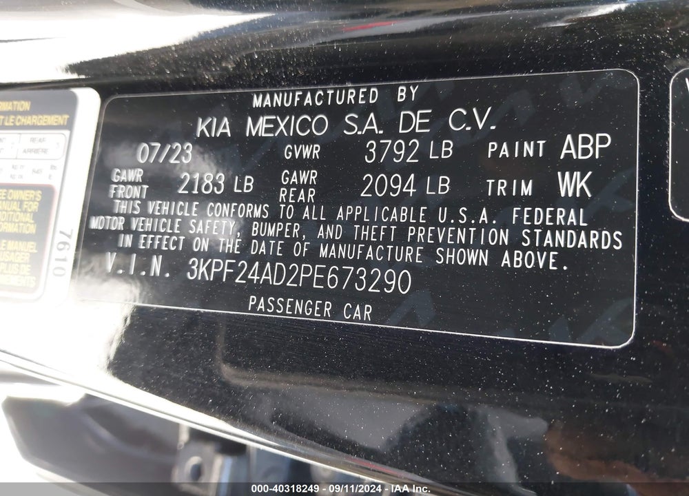 2023 KIA FORTE LXS VIN: 3KPF24AD2PE673290