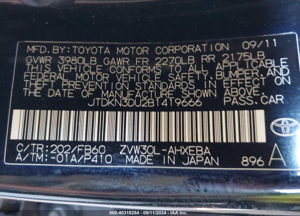 2011 TOYOTA PRIUS TWO VIN: JTDKN3DU2B1419666